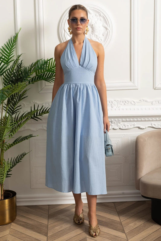 Halterneck Midi Dress With A-line Gathered Skirt - Blue