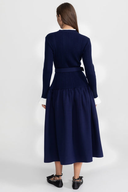 Ribbed Knit Midi Dress with Pleated Skirt and Belted Waist – Navy