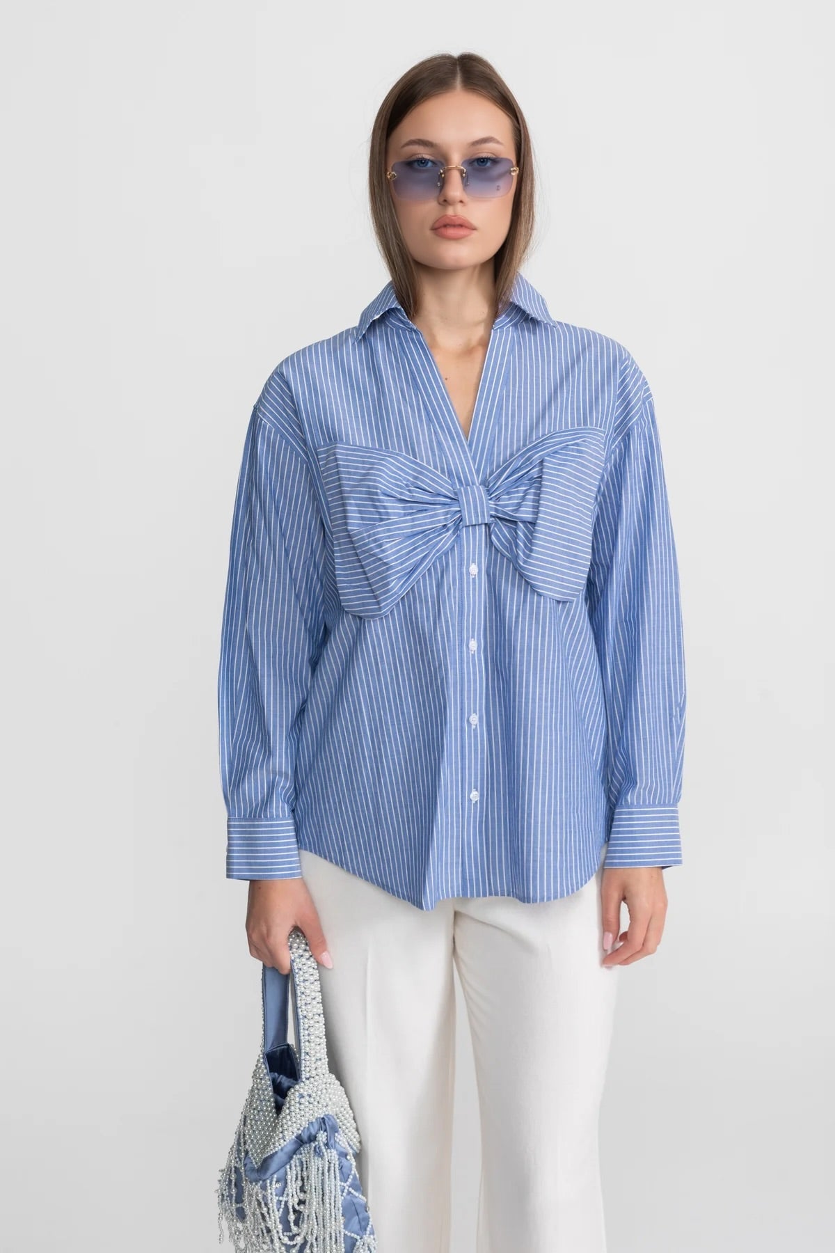 Striped Cotton Shirt With Oversized Bow Detail – Blue