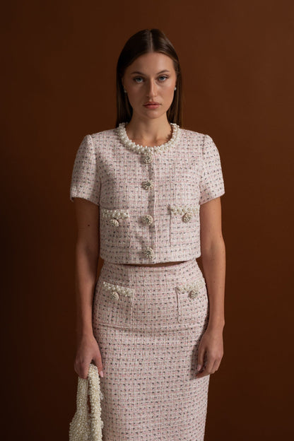 Short Sleeve Pearl-Embellished Top With Sparkling Buttons - Pink