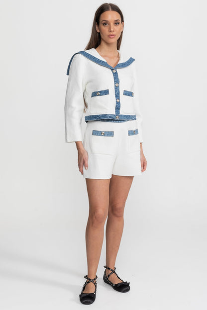 Textured Knit Co-Ord Set with Denim Trim – White & Blue
