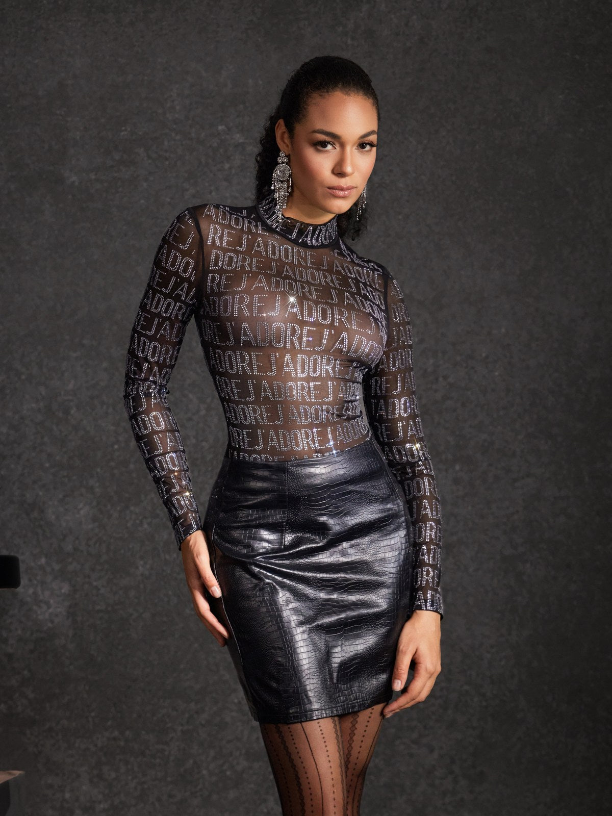 Behitha Long Sleeve Rhinestone Mesh Top