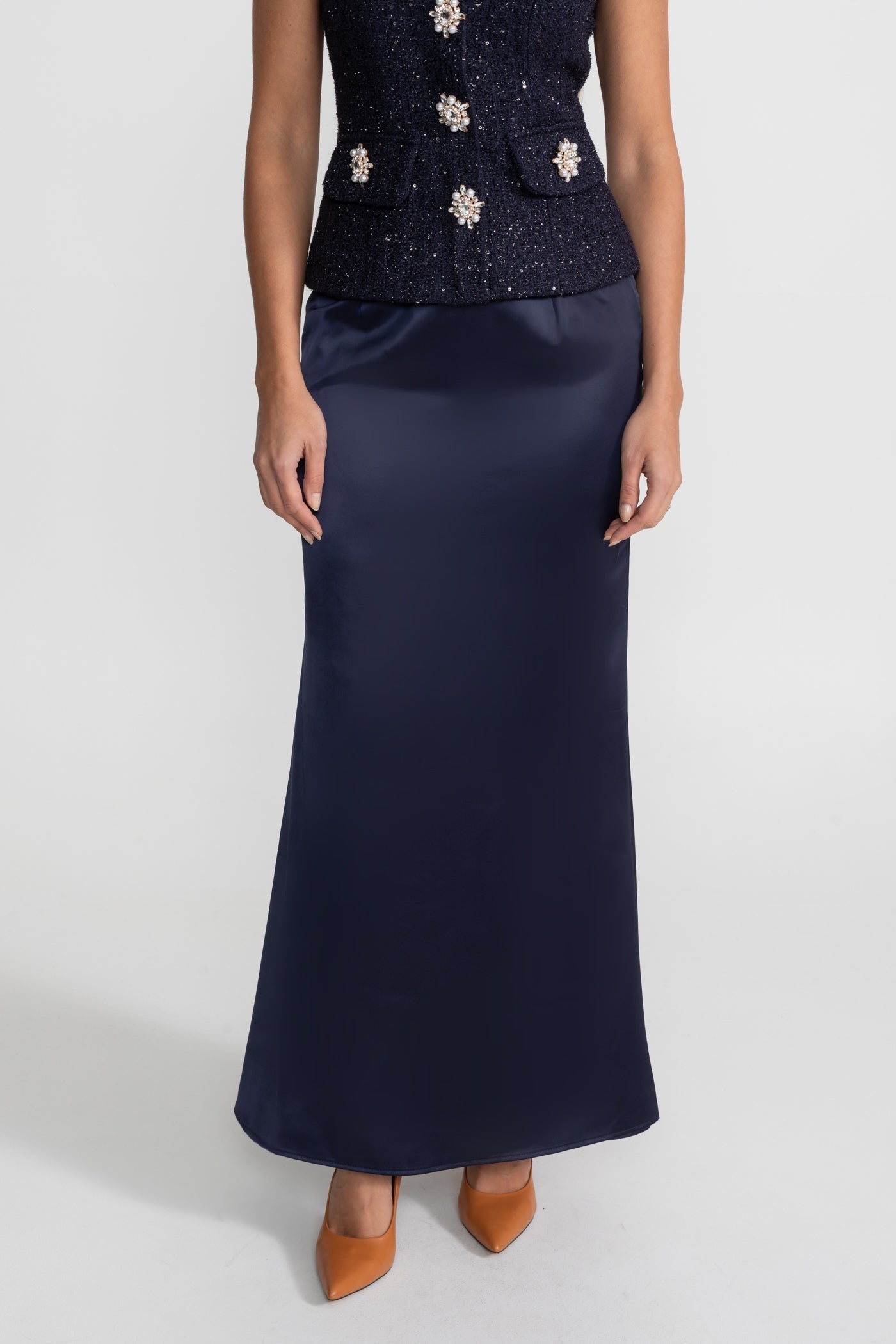 Co-Ord Set with Tweed Embellished Top and Satin Maxi Skirt - Navy