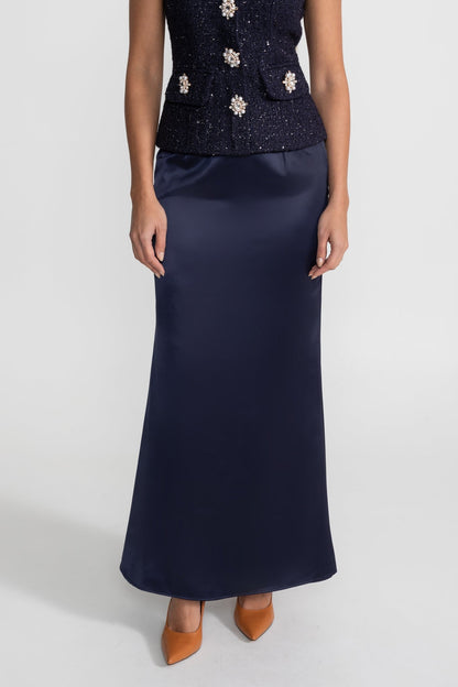 Co-Ord Set with Tweed Embellished Top and Satin Maxi Skirt - Navy