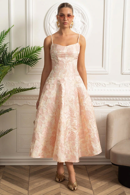 Jacquard Midi Dress with Floral Motif and Spaghetti Straps - Blush Pink