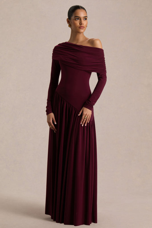 Farah | Burgundy Asymmetric-Neck Maxi