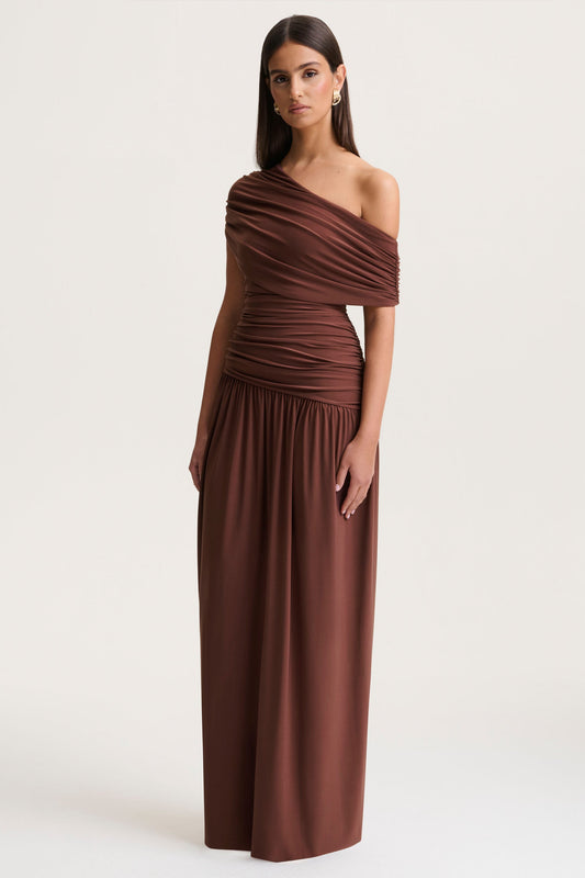 Emberly | Brown Draped Asymmetric-Neck