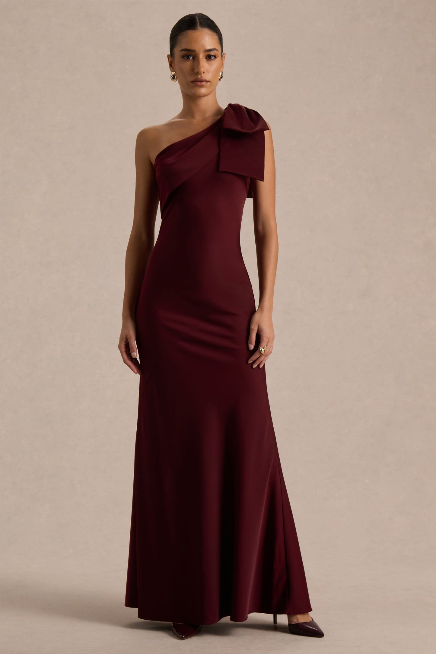 Josephine | Burgundy Satin Asymmetric-Neck