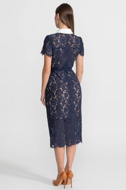 Floral Lace Midi Dress with Tailored Collar and Belted Waist - Navy