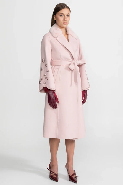 Embellished Wool Overcoat With Fox Fur Collar – Pink