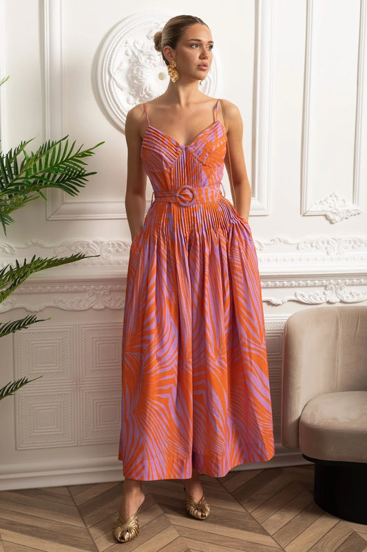 Pleated Bust Belted Midi Dress with Spaghetti Straps - Red