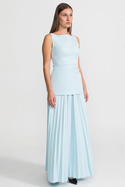 Sleeveless Maxi Co-Ord With Tailored Bodice And Pleated Skirt - Blue