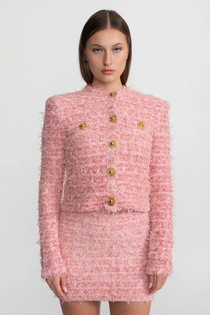 Textured Tweed Jacket With Gold Button Embellishments – Pink