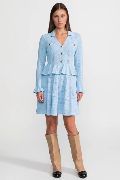 Knit Mini Dress with Peplum Waist and Gold Button Detail - Light Blue