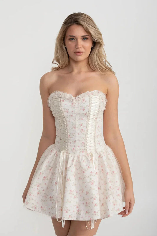 Corset Mini Dress With Sweetheart Neckline And Delicate Floral Pattern - White/Pink
