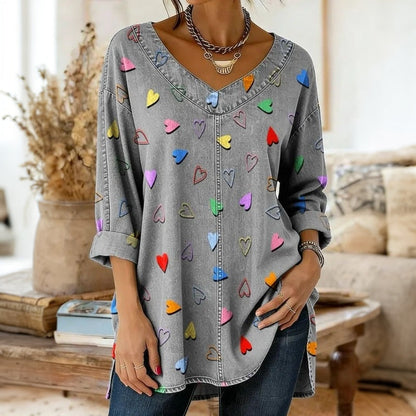 【Long Sleeve】Vintage Heart Print Blouse