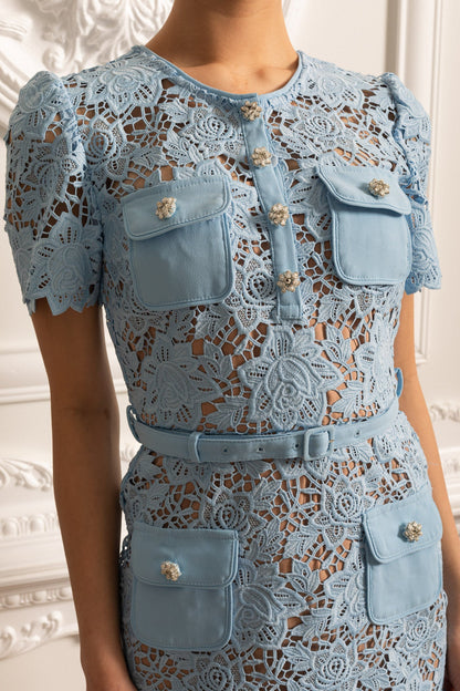 Short Sleeve Embroidered Floral Dress - Blue