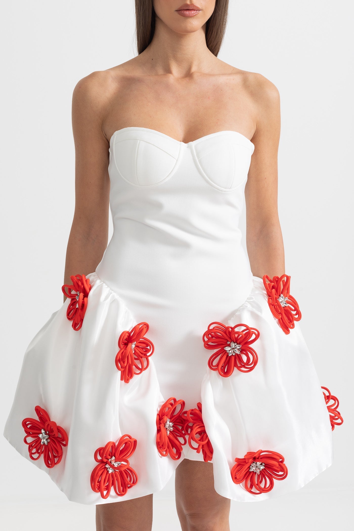 Elegant Mini Dress With 3D Silver Flower Embellishments - White