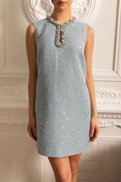 Textured Sleeveless Mini Dress With Sparkling Collar Details  - Blue