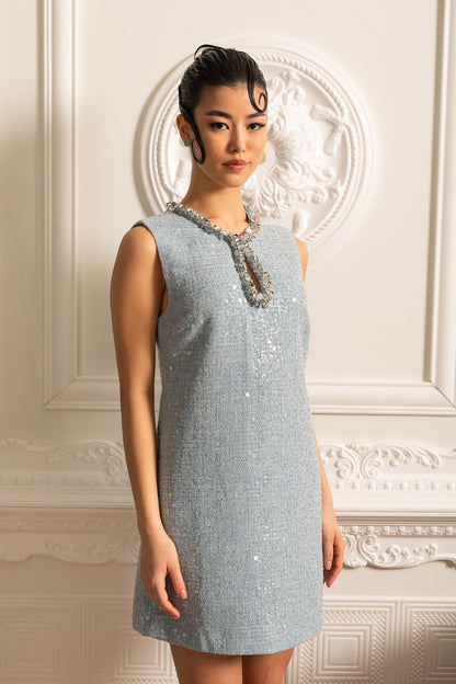 Textured Sleeveless Mini Dress With Sparkling Collar Details  - Blue