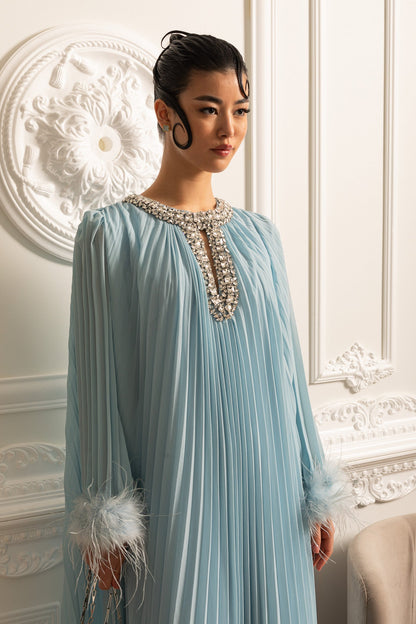Pleated Long Dress With Feathered Cuffs And Sparkling Neckline - Blue