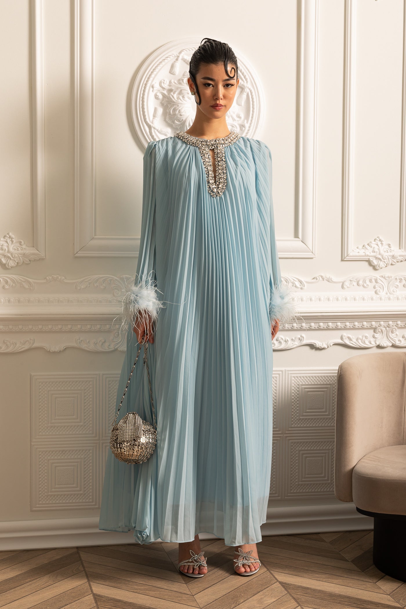 Pleated Long Dress With Feathered Cuffs And Sparkling Neckline - Blue