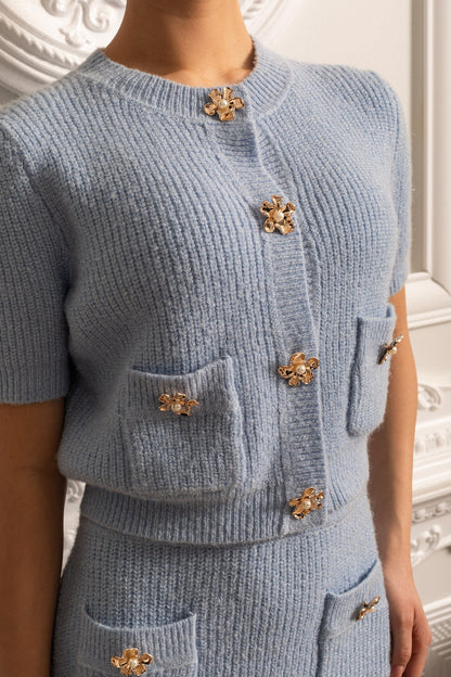 Elegant Knit Set With Front Pockets And Gold Buttons - Blue