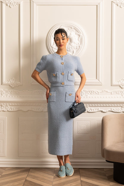 Elegant Knit Set With Front Pockets And Gold Buttons - Blue