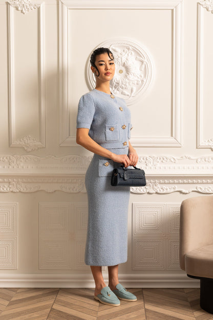 Elegant Knit Set With Front Pockets And Gold Buttons - Blue