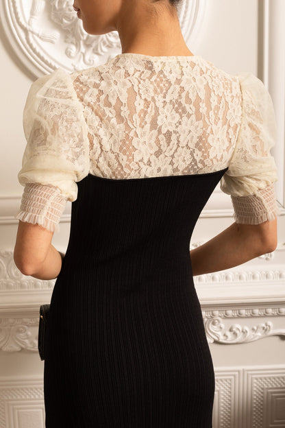 Ankle-Length Dress With Contrasting Sheer Lace Sleeves - Black