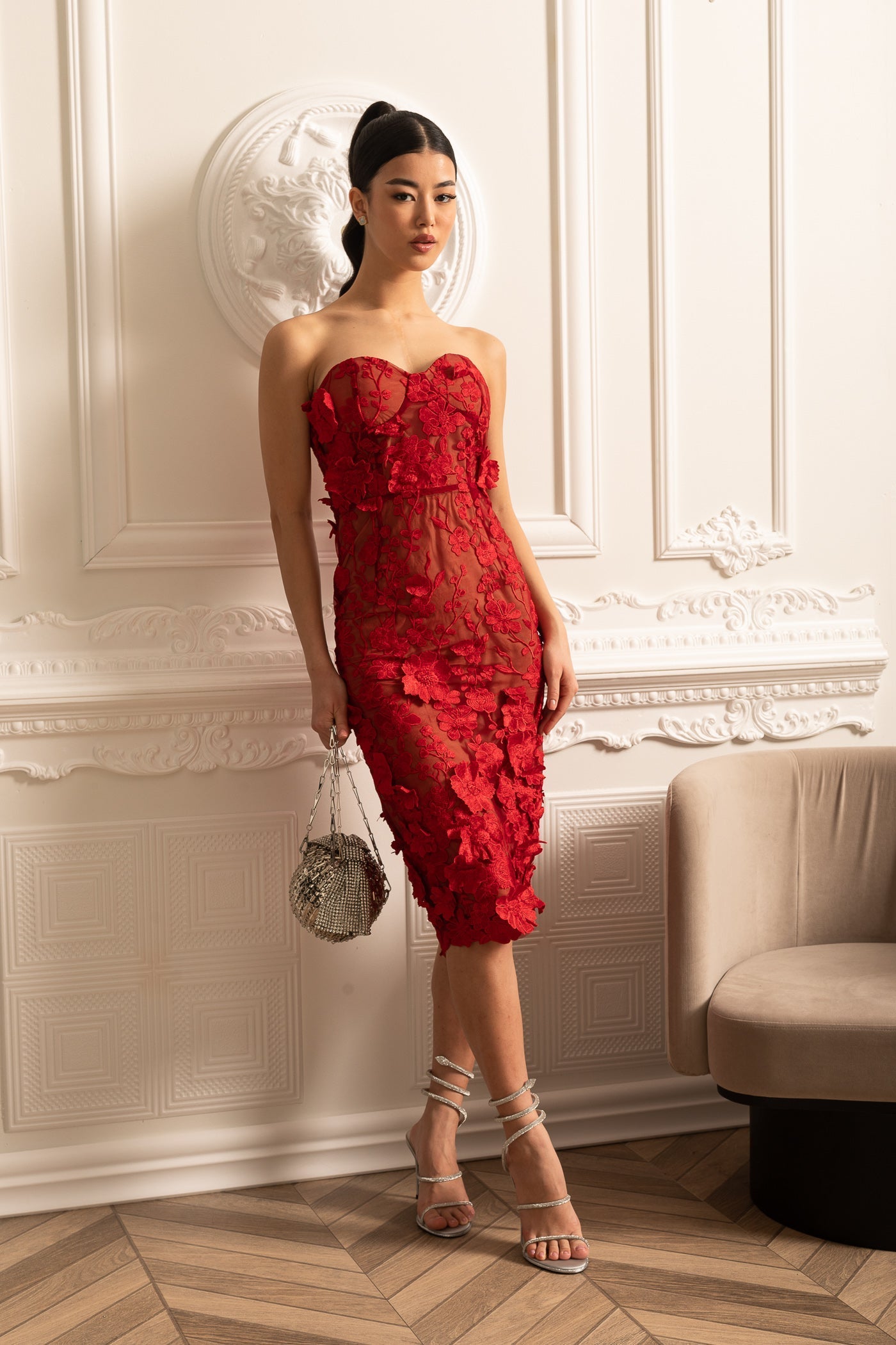 Sheer Embroidered Dress With Intricate Floral Pattern - Red