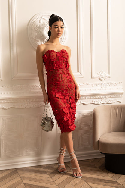 Sheer Embroidered Dress With Intricate Floral Pattern - Red