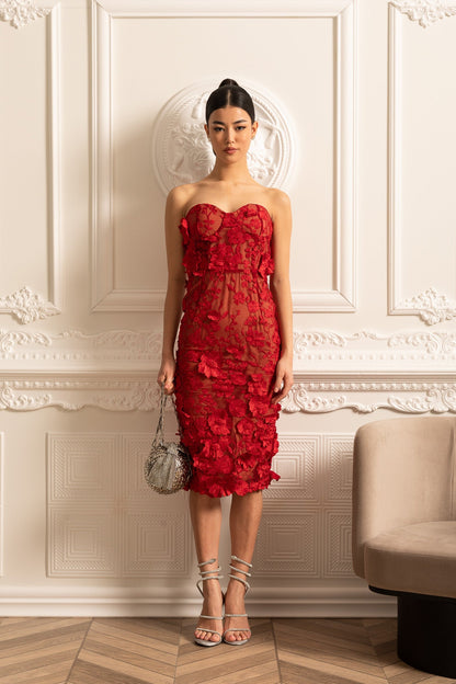 Sheer Embroidered Dress With Intricate Floral Pattern - Red