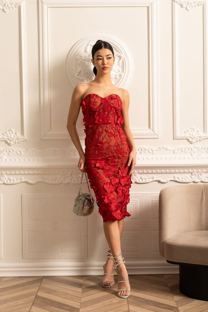 Sheer Embroidered Dress With Intricate Floral Pattern - Red