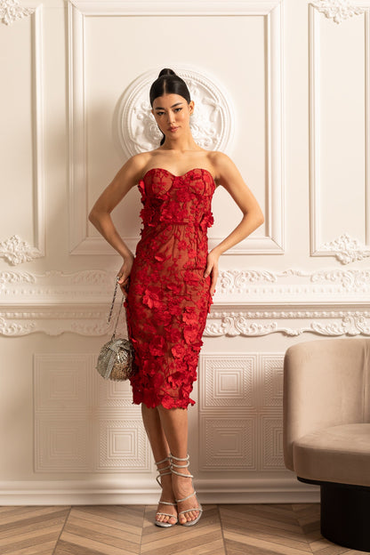 Sheer Embroidered Dress With Intricate Floral Pattern - Red