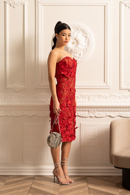 Sheer Embroidered Dress With Intricate Floral Pattern - Red