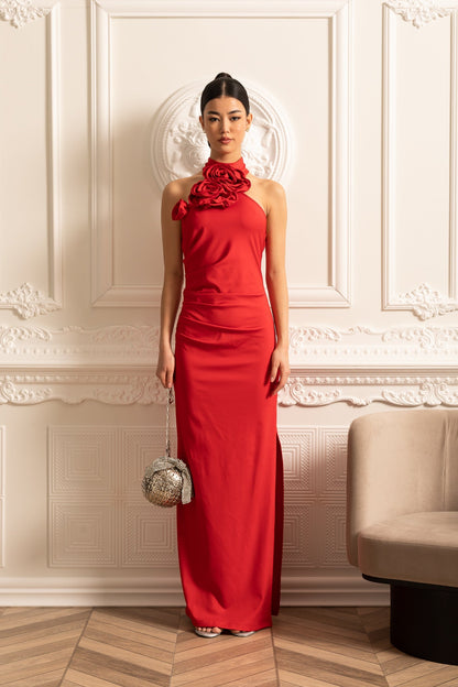 Fitted Dress With 3D Neckline Roses And Side Slit - Red