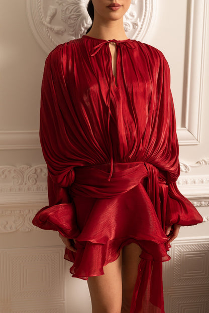 Draped Long-Sleeved Dress with Mini Skirt And Ruched Waistband - Red