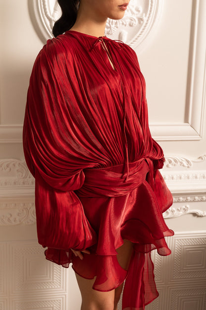 Draped Long-Sleeved Dress with Mini Skirt And Ruched Waistband - Red