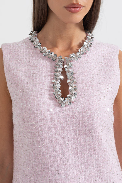 Textured Sleeveless Mini Dress With Sparkling Collar Details  - Pink