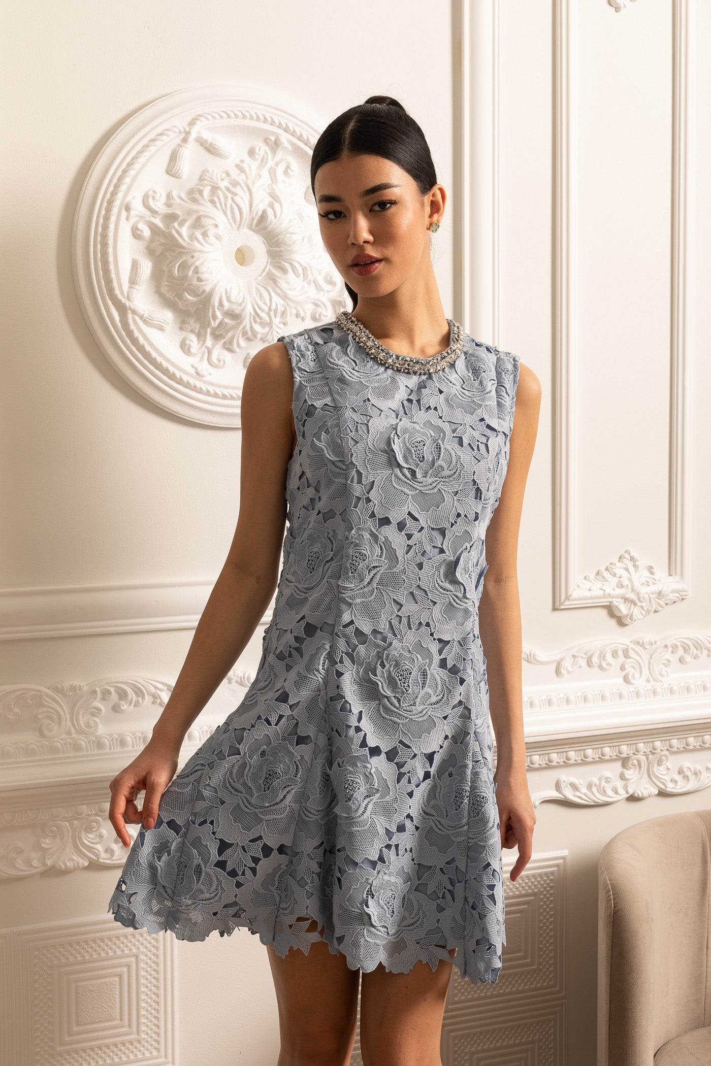 Floral Pattern Lace Mini Dress With Sparkling Neckline  - Blue