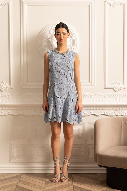 Floral Pattern Lace Mini Dress With Sparkling Neckline  - Blue