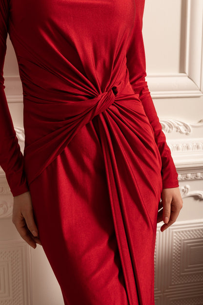 Satin Dress With Long Sleeves, Side Draping And Twisted Waist Detail - Red