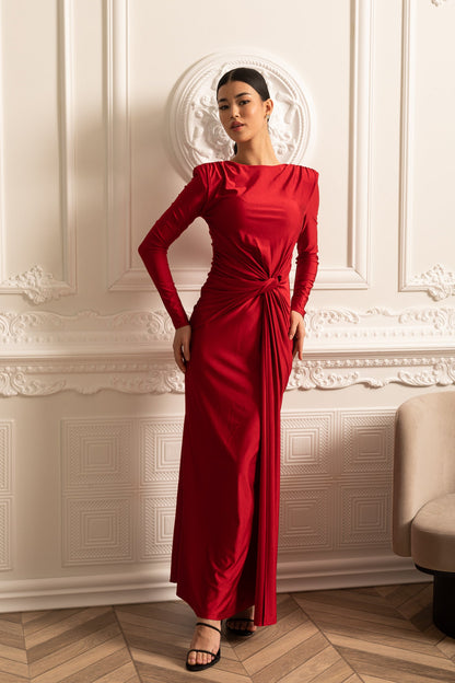 Satin Dress With Long Sleeves, Side Draping And Twisted Waist Detail - Red