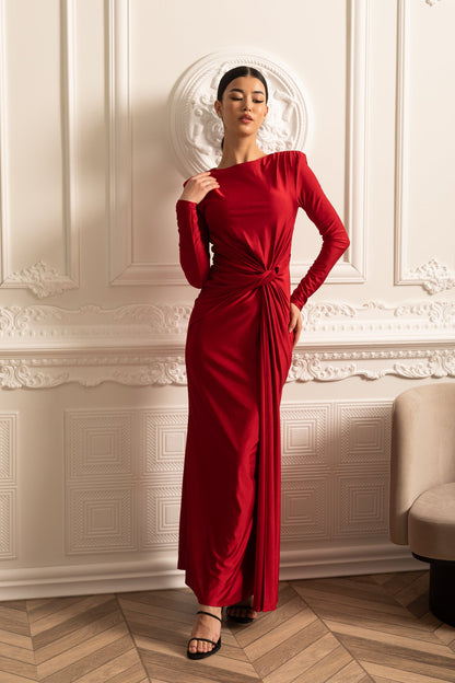 Satin Dress With Long Sleeves, Side Draping And Twisted Waist Detail - Red