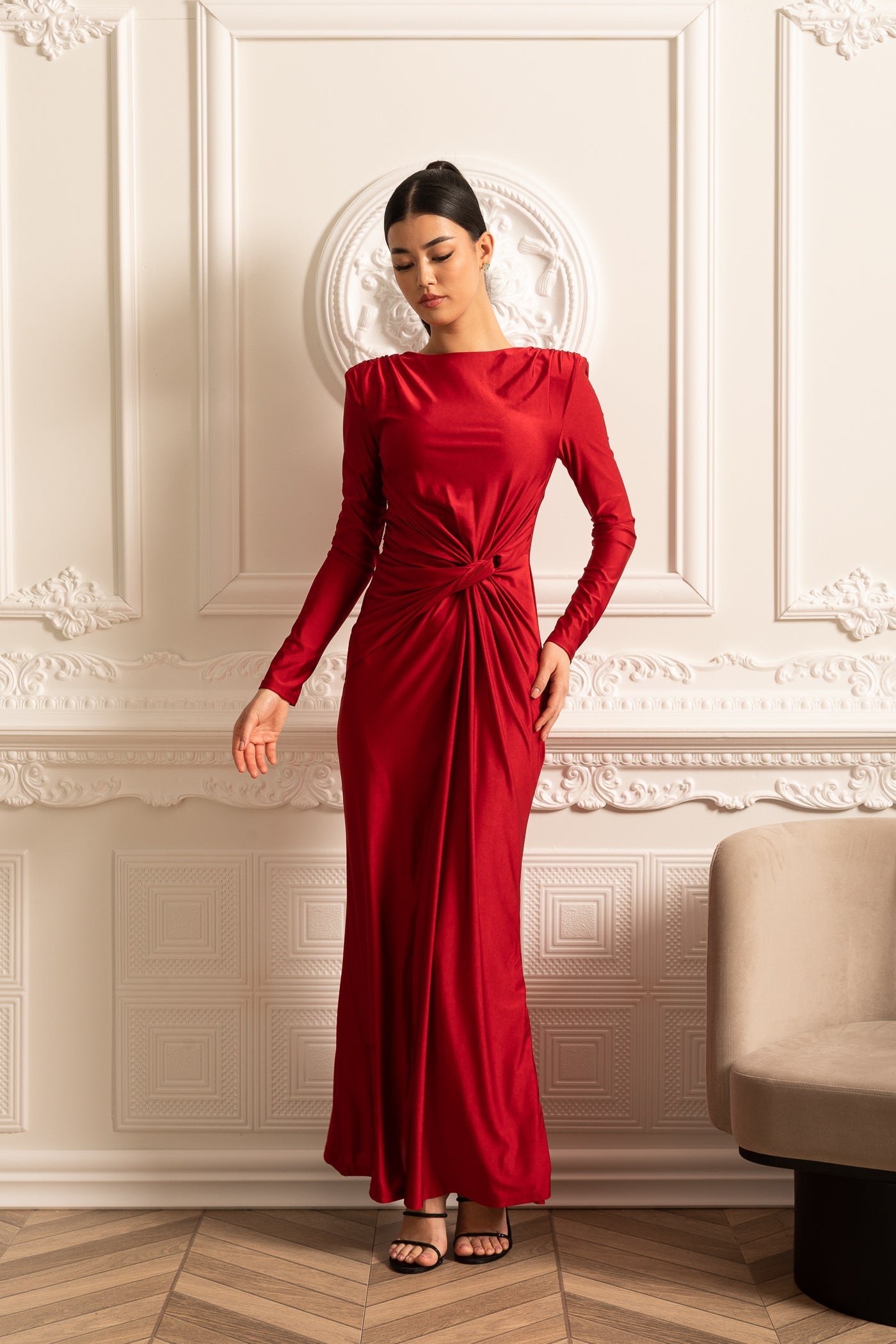 Satin Dress With Long Sleeves, Side Draping And Twisted Waist Detail - Red
