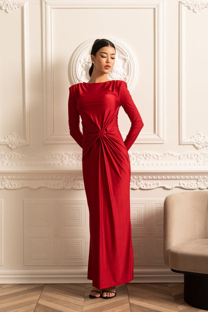 Satin Dress With Long Sleeves, Side Draping And Twisted Waist Detail - Red
