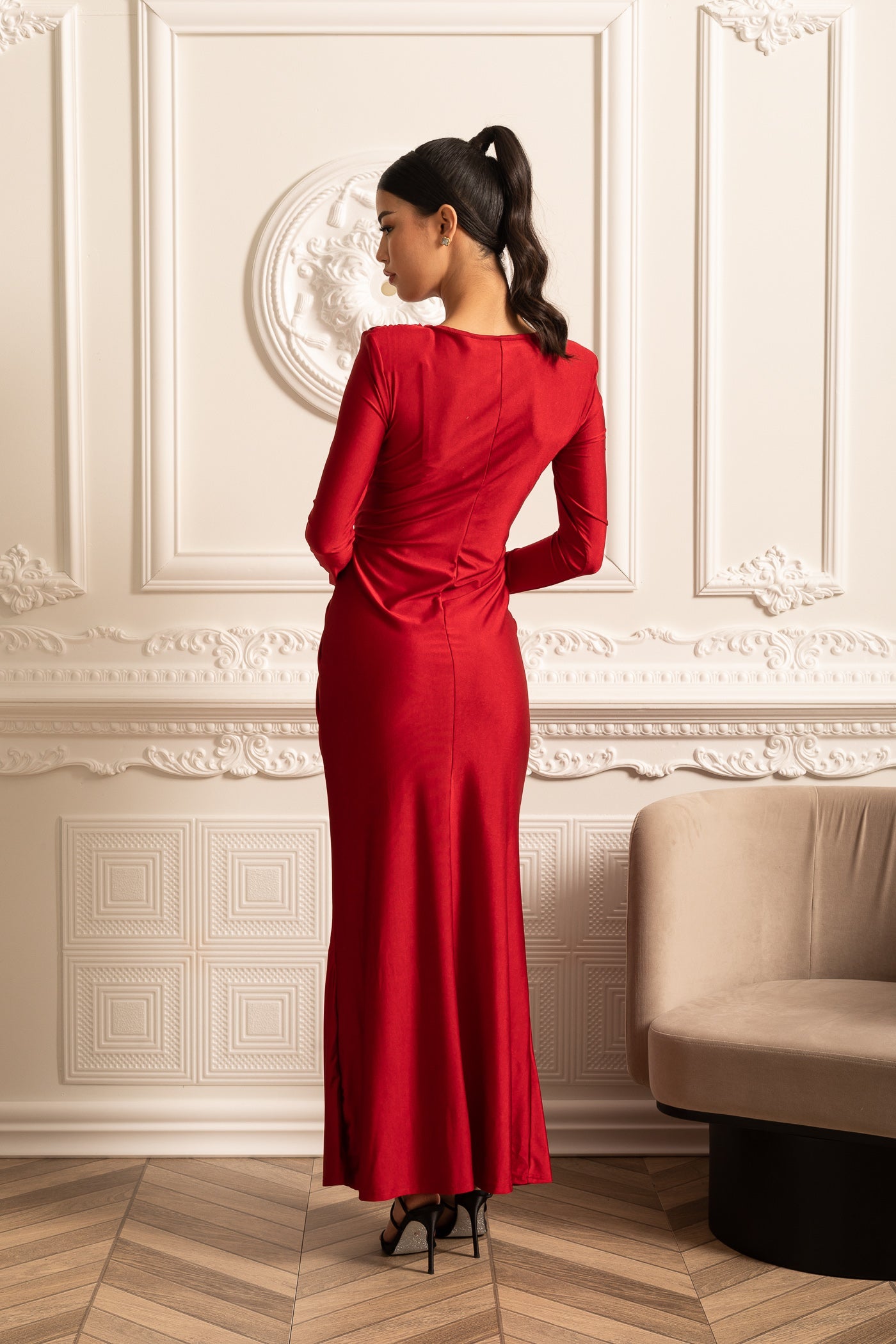 Satin Dress With Long Sleeves, Side Draping And Twisted Waist Detail - Red