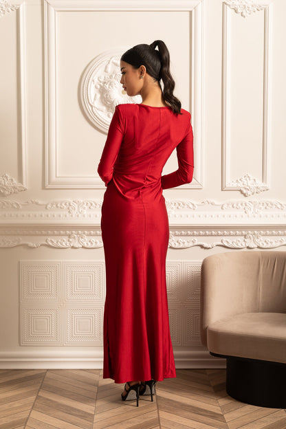Satin Dress With Long Sleeves, Side Draping And Twisted Waist Detail - Red