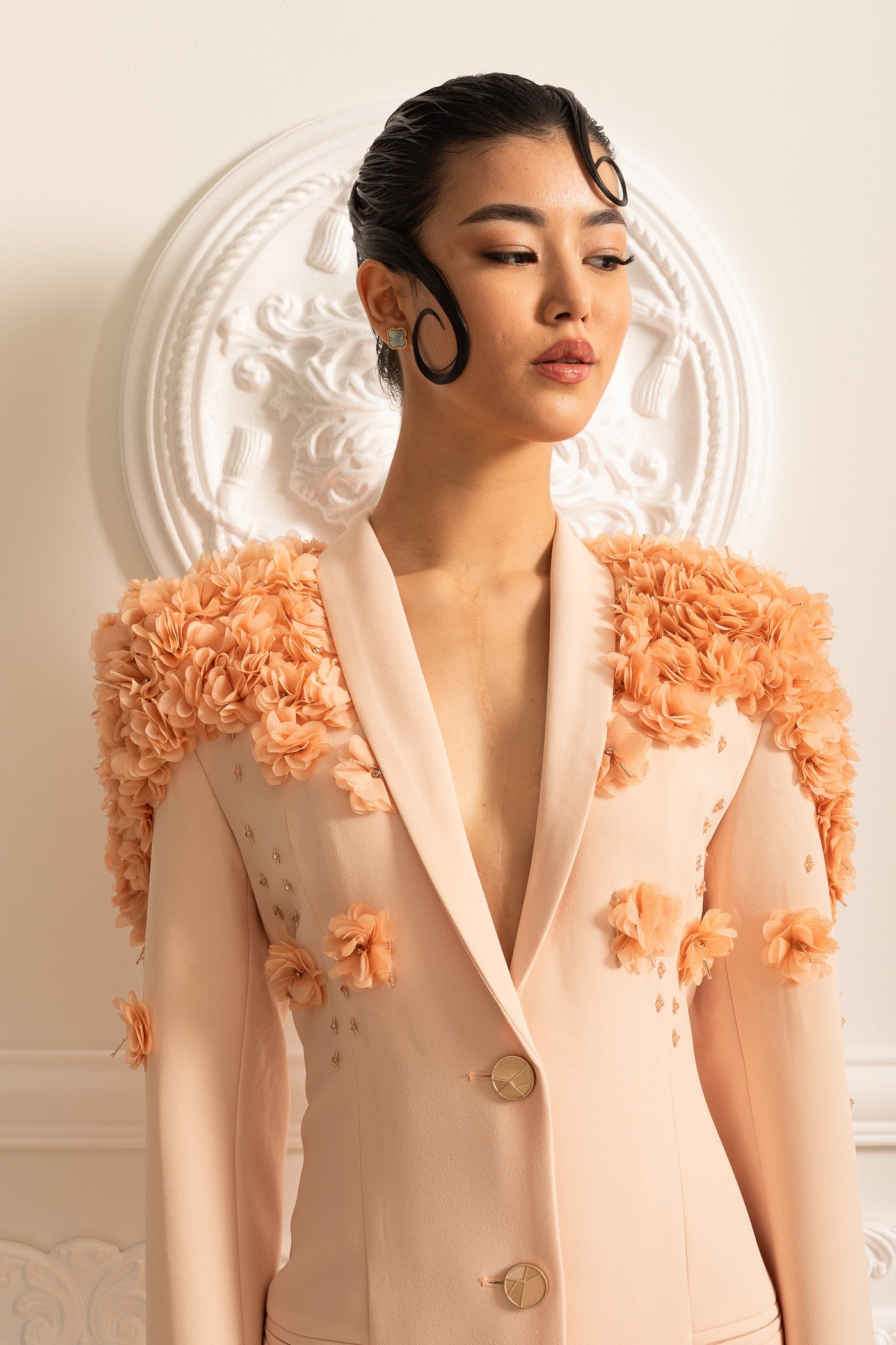 Long Blazer With 3D Contrasting Floral Shoulder And Back Accents - Peach